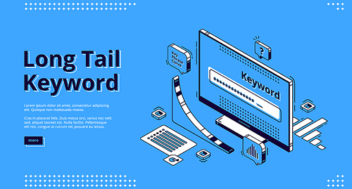 Long tail keyword isometric landing page. Seo research tool curve graph and browser on pc desktop computer monitor. Engine optimization, analysis service 3d vector illustration, web banner, line art