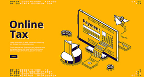 Online tax isometric landing page. Large payment bill coming out of computer desktop screen. Smart technologies for banking accounting, application for internet taxation, 3d vector line art web banner