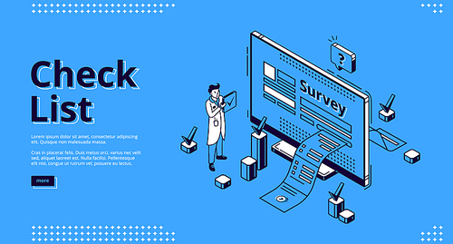 Check list isometric landing page. Business man conduct online survey, paper document go out of pc screen with ticks. Digital checklist, questionnaire, feedback service 3d vector line art web banner