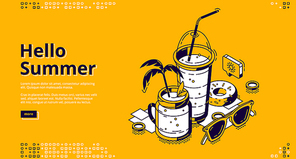 Milkshake cocktails isometric landing page, milk shake drinks in glass jar and plastic cup with straw, donut and sunglasses, sweet dairy beverage, hello summer concept 3d vector line art web banner