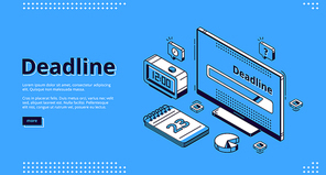 Deadline isometric landing page, computer desktop with browser page on screen, alarm clock, note pad calendar and pie chart around. Time management and work organization 3d vector line art web banner