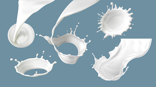 Milk splash or pouring realistic vector illustration. Natural dairy products, yogurt or cream in crown splash with drops or various swirls, for packaging design isolated on blue