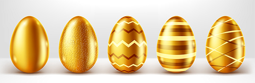 Golden eggs realistic vector set illustration. Shining Easter eggs from gold metal decorated with elegant pattern, festive gift with shadow isolated on white