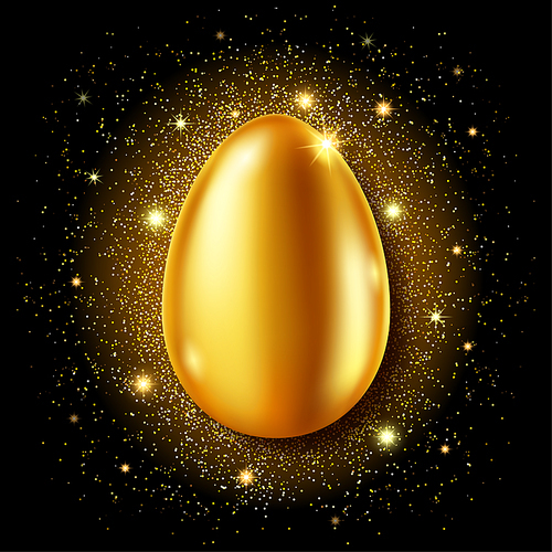 golden egg realistic vector illustration. shining easter egg from gold metal and sparkling tinsel or confetti on black . easter greeting card or party invitation