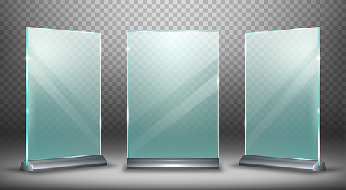 acrylic display desktop or floor, glass plate with metal holder realistic vector illustration isolated on transparent background, front side view. empty menu  or ads with highlights and shadow.