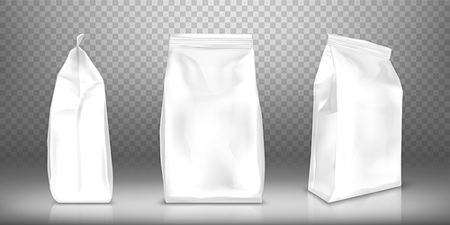 White blank plastic or foil pack realistic vector. Bag or pouch for snacks, sweets and coffee, front and side view, illustrations isolated on transparent , mock up for packaging design