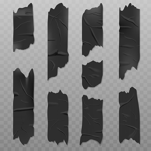 black duct adhesive tape realistic vector illustration isolated on a transparent . badly glued with wrinkles, torn pieces of sticky scotch