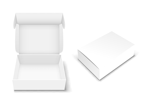 White blank cardboard box with flip top, realistic vector illustration. Rectangular caton pack with open and closed hinged lid, isolated on transparent . Empty gift package