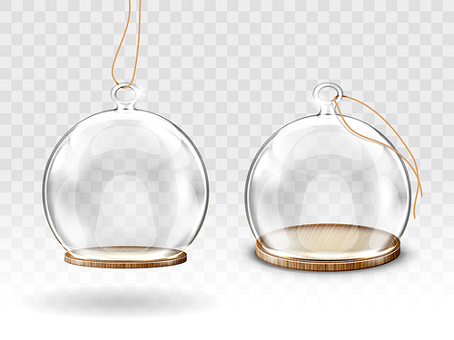 Glass christmas balls, hanging dome and wooden tray realistic vector. Glass transparent round balls with empty space for decoration Christmas tree, isolated object for festive decor