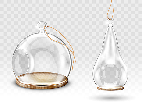 Glass christmas balls, hanging dome with hole, candle holder or flower terrarium realistic vector. Glass clear figures with empty space for decoration xmas tree, isolated object for festive home decor