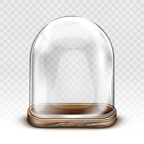 Glass dome and old wooden tray realistic vector. Vintage transparent glass dome square shape with retro wood plate, storage container, product presentation case with reflection, isolated illustration