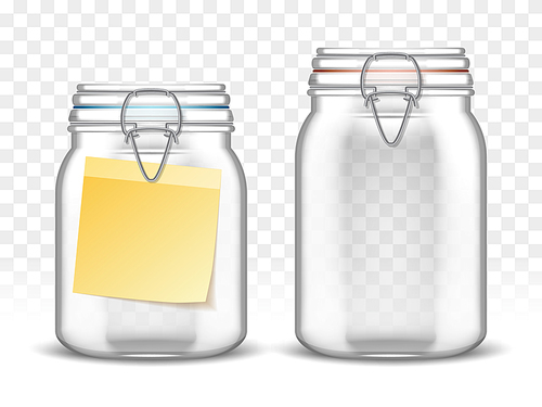 Glass bale jars with paper note, realistic vector illustration. Empty closed transparent mason bottle with swing top lid and yellow blank sticker label for message. Isolated container for home canning