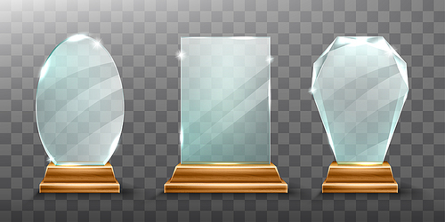 glass trophy or winner award realistic vector illustration. transparent crystal plate or blue acrylic  different shapes on wooden pedestal, isolared front view with light and shadow