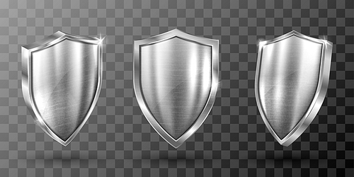 metal shield with  realistic vector illustration. blank silver steel metallic panel with reflection glow, award trophy or certificate template, front side view isolated on transparent background