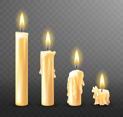 Burning candle with dripping or flowing wax, realistic vector illustration. White candles with golden flame lit and melted wax isolated on transparent . Church or Christmas collection