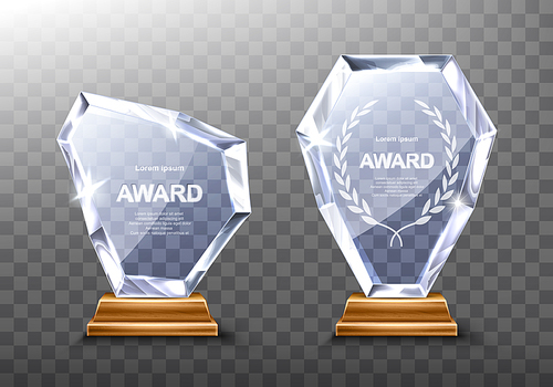 glass award trophy or winner prize realistic vector illustration. transparent crystal plate or acrylic diamond  with laurel wreath on wooden pedestal, isolared front view with light and shadow