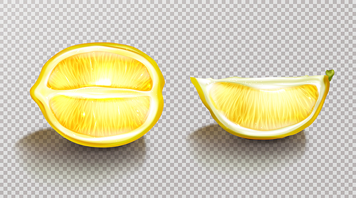 Lemon, sliced citrus realistic vector illustration. Half lemon and piece of tropical yellow fruit with zest or peel, isolated on transparent  with shadow