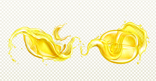 Lemon juice splash realistic vector illustration. Half lemon, sliced tropical yellow fruit with zest or peel, falling flowing liquid with drops, isolated on transparent , soda package design