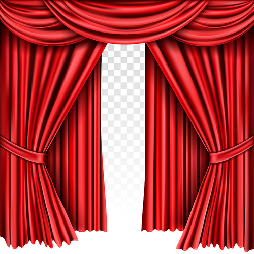 Red stage curtain for theater, opera scene drape backdrop, concert grand opening or cinema premiere backstage, portiere for ceremony performance isolated template, realistic 3d vector illustration