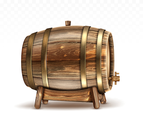 Wooden barrel for wine, beer or whiskey. Realistic cask from oak wood with copper or iron rings, stopper and tap, keg for rum or cognac isolated on transparent background, realistic 3d vector clipart