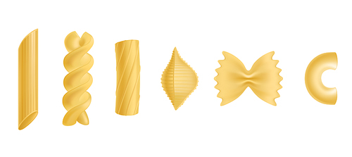 Pasta and macaroni set, dry penne, fusilli, rigatoni, conchiglie, farfalle, chiferri isolated on white , design elements for food advertising Realistic 3d vector illustration, icon, clip art