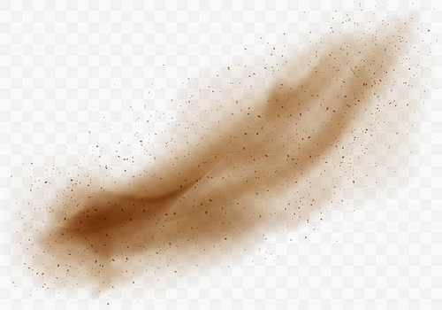 Brown dusty cloud or dry sand flying with a gust of wind, sandstorm, realistic texture with small particles or grains of sand vector illustration isolated on transparent background