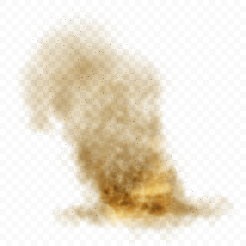 Brown dusty cloud or dry sand flying with a gust of wind, sandstorm, explosion realistic texture with small particles or grains of sand vector illustration isolated on transparent background