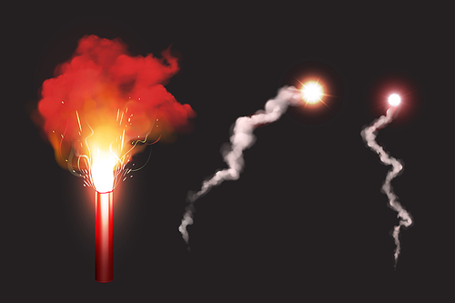 Burn red gun flare, sos fire light signal for emergency on road or sea. Glowing torch with sparks and color smoke isolated on black background. Ignition pyrotechnics realistic 3d vector illustration