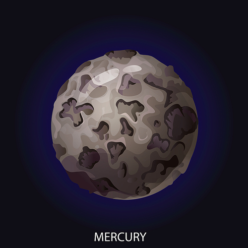 Planet Mercury cartoon vector illustration. Spherical planet with gray illuminated surface with craters and relief isolated on dark blue cosmic background