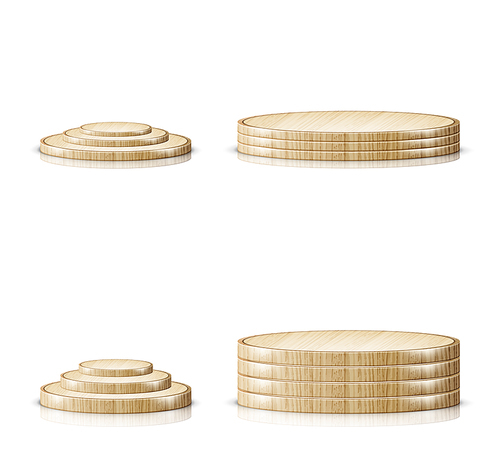 wooden cutting board or tray, podium or stage set of realistic vector illustrations. natural, -friendly kitchen utensils made of wood, side view isolated on white  with reflection