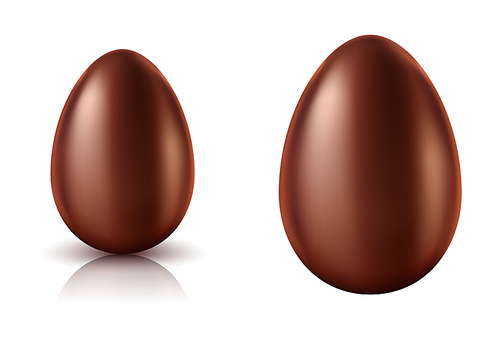 Chocolate egg whole realistic vector illustration. Easter chocolate sweets in eggs shape with reflection and shadow, isolated on white 