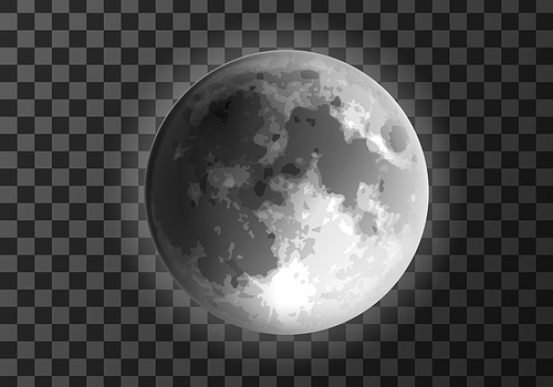 Moon weather meteo icon realistic vector illustration. Silver glowing full moon, crater surface. Realistic element for weather forecast, space object, isolated on transparent