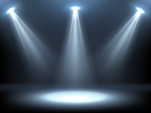 Stage illuminated by spotlights. Empty podium with spot of light. Vector realistic mockup of studio or theater interior with scene and rays of lamps. Background for concert, show, presentation of exhibition