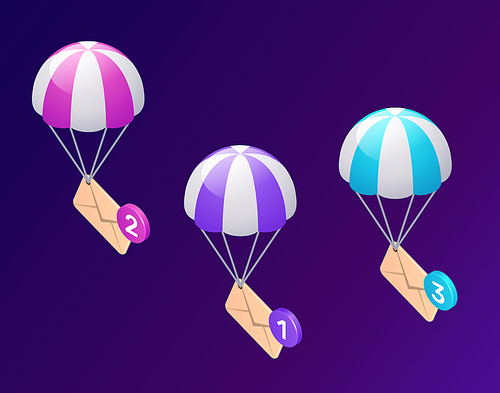 Email message service icons, isometric concept vector illustration. Flying or parachuting icon envelopes, unread messages isolated on ultraviolet background