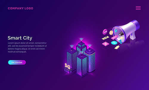 Smart city, wireless network technology, isometric concept vector illustration. Tall buildings with symbol wireless internet and loudspeaker with sale icons isolated on ultraviolet background