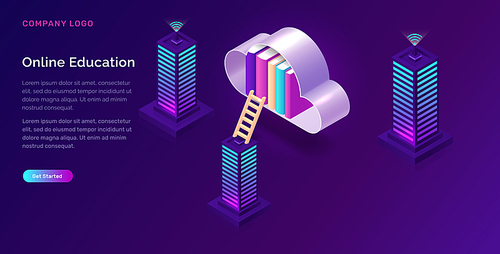 Online education isometric concept vector illustration. Open book and cloud with library on violet background, landing web site page for educational or language courses