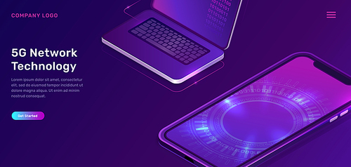 5G network technology, isometric concept vector illustration. Open laptop, mobile phone screen with glowing neon digital circle isolated on ultraviolet background. High speed internet web page