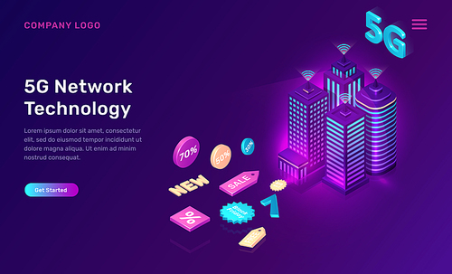 Smart city, 5G wireless network technology, isometric concept vector illustration. Tall buildings with symbol wireless internet and sale icons isolated on ultraviolet background