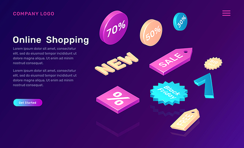 Online shopping, isometric concept vector illustration. 3D sale and discount promo icons on ultraviolet background, landing page of advertising agency to increase sales, web banner