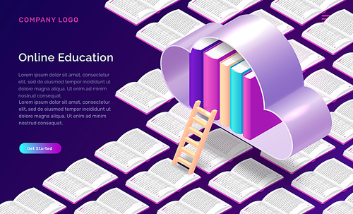 Online education isometric concept vector illustration. Open books background, cloud with library and wooden stairs on purple banner, landing web site page for educational or language courses