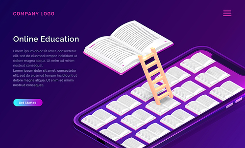 Online education or library isometric concept vector illustration. Open book and wooden stairs on mobile phone screen, violet background, landing web site page for educational or language courses