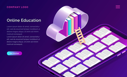 Online education isometric concept vector illustration. Open books on mobile phone screen and cloud with library on violet background, landing web site page for educational or language courses