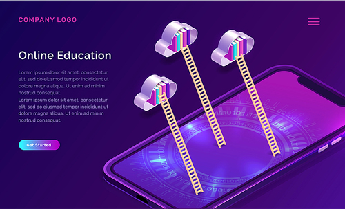 Online education isometric concept vector illustration. Mobile phone screen, cloud with library and wooden stairs on violet background, landing web site page for educational or language courses