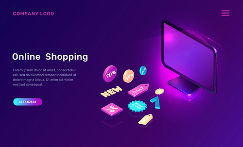 Digital marketing and online shopping, isometric concept vector illustration. Computer monitor or screen and 3D sale and discount promo icons, landing web page, ultraviolet sale banner