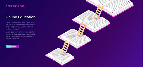 Online education or library isometric concept vector illustration. Open books and wooden stairs on violet background, landing web site page for educational, training or language courses