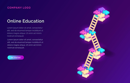 Online education or collaborative development isometric concept vector illustration. Multilevel puzzle bases and wooden stairs on violet background, landing web site page for educational, training