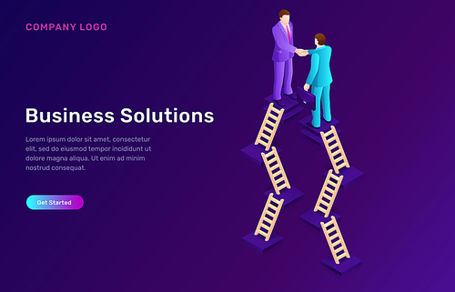 Business solution and agreement level isometric concept vector illustration. Two businessmen standing on wooden stairs and shake hands, successful deal conclusion, partnership, cooperation development