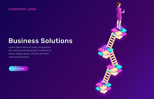 Business solution and successful strategy of development, isometric business concept vector. Color puzzle levels with wooden stairs and female character on ultraviolet background