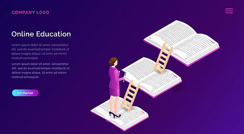 Online education or library isometric concept vector illustration. Open books, wooden stairs and female figure on violet background, landing web site page for educational, training or language courses