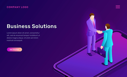 Business solution and agreement isometric concept vector illustration. Two businessmen standing on mobile phone screen and shake hands, successful deal conclusion, partnership and cooperation banner